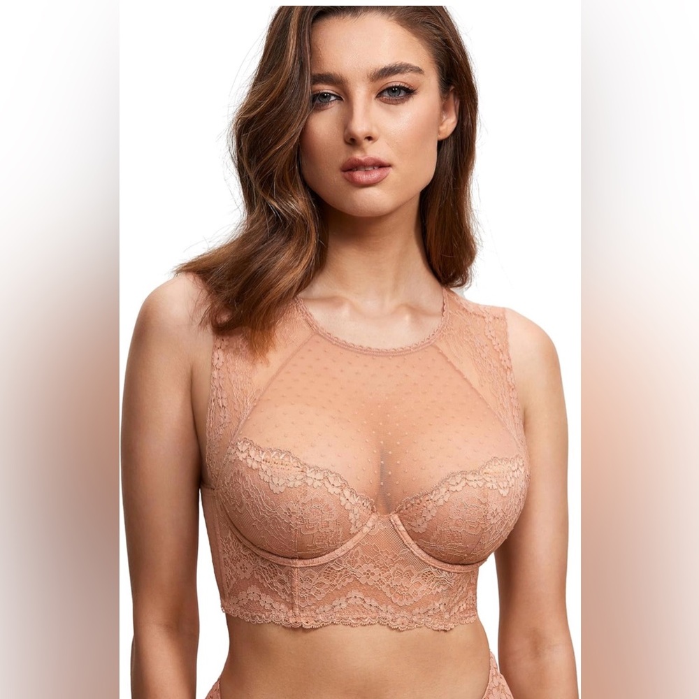 NWT DOBREVA Floral Lace Longline Underwire Bralette Cream Coffee 38C